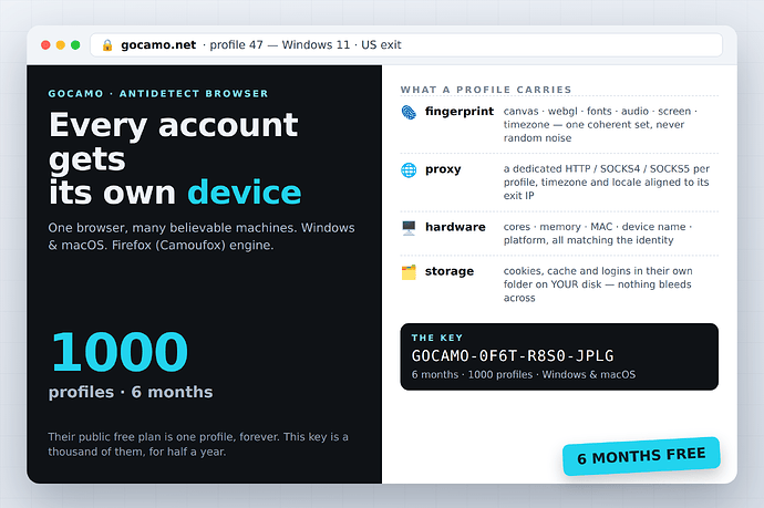 GoCamo — 1000 anti-detect browser profiles, six months free